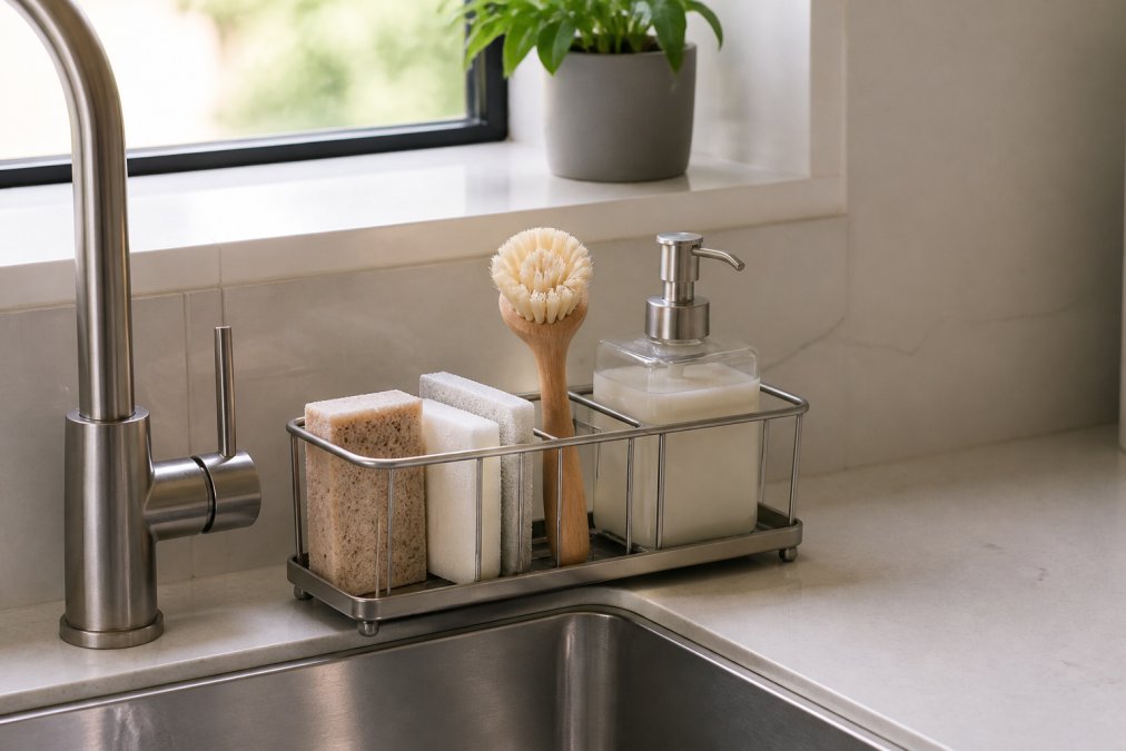 Modern minimalist kitchen sink area featuring a stainless steel caddy with organized sponges, brushes, and soap, showcasing a clutter-free countertop with natural window lighting