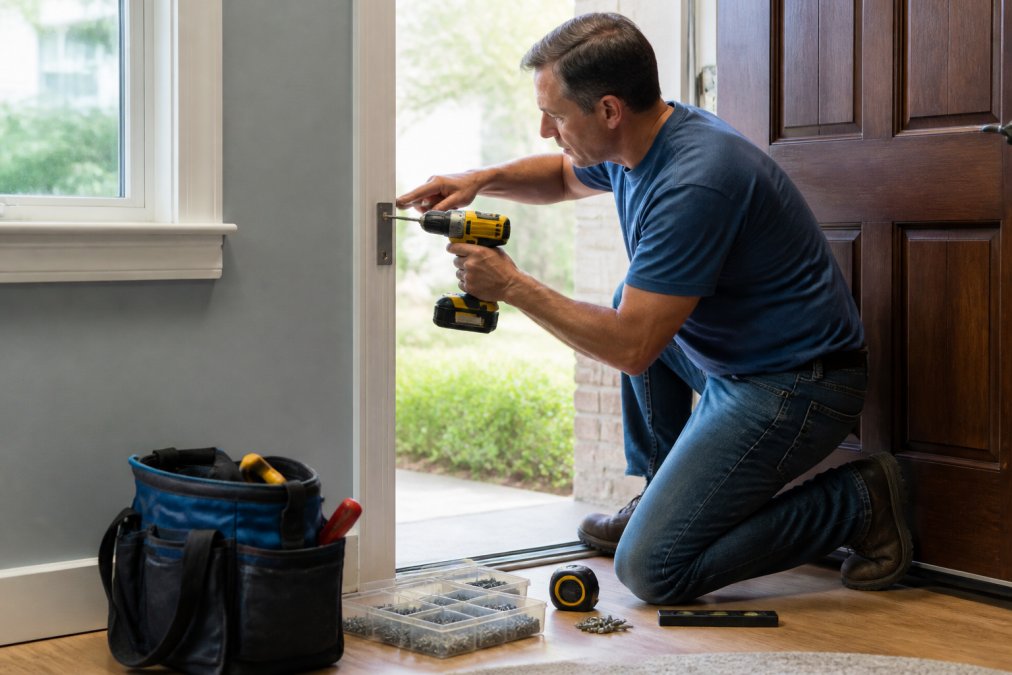 Homeowner using a cordless power drill to install security hardware on a wooden door frame, with fasteners and tools laid out on the floor nearby, bright natural light from window