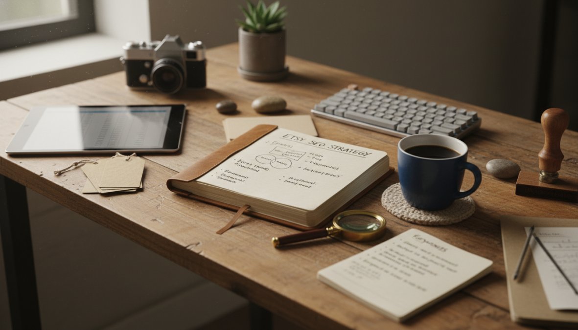 An Etsy seller sitting at a wooden desk reviewing keyword research data on a laptop screen, with handwritten notes and a coffee mug nearby, in a cozy home office setting