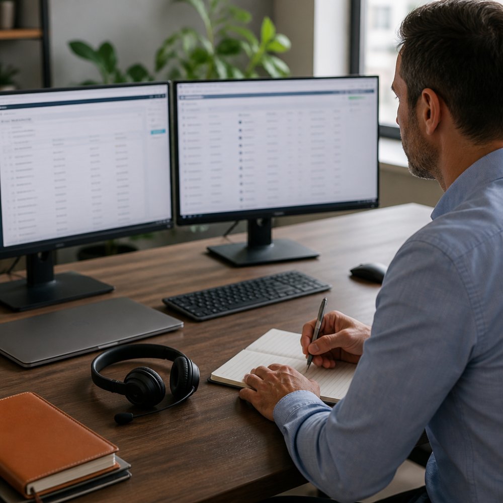 Sales professional analyzing prospect data using tools to increase sales conversations at a modern desk