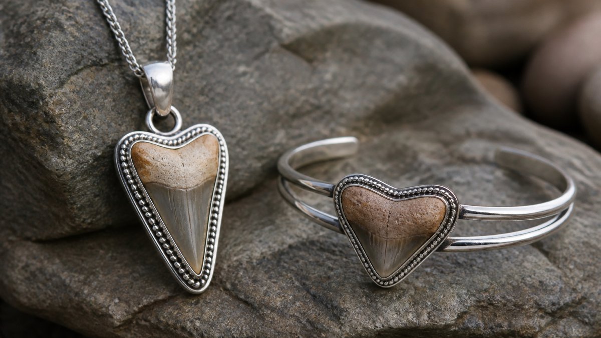 Comparison chart displaying quality and design features of two handcrafted shark tooth jewelry collections.