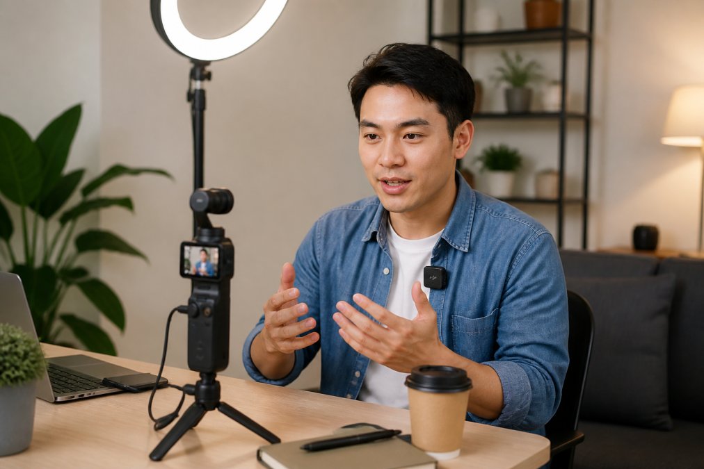 A solo filmmaker at a desk with a smartphone mounted on a gimbal, ring light positioned overhead, and wireless microphone clipped to their shirt, demonstrating a complete solo filming setup