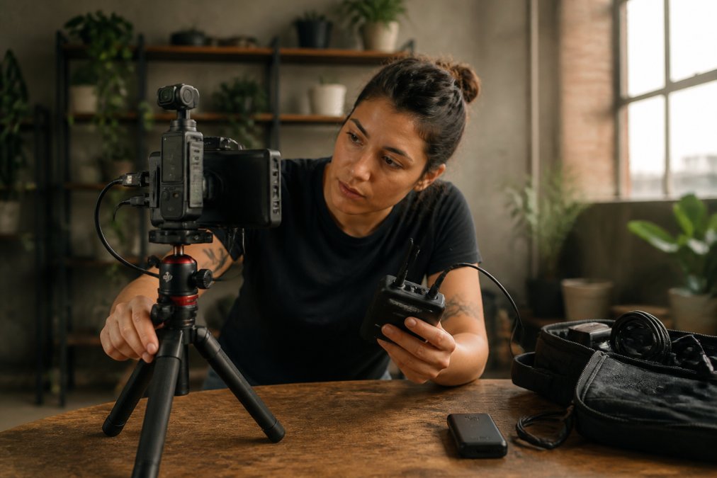 A content creator reviewing footage on an external monitor mounted to a camera cage, adjusting tripod position with one hand while checking audio levels on a wireless mic receiver