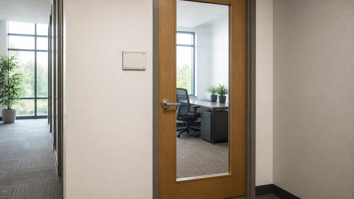 Infographic showing ADA sign requirements for mounting height and latch side door placement.