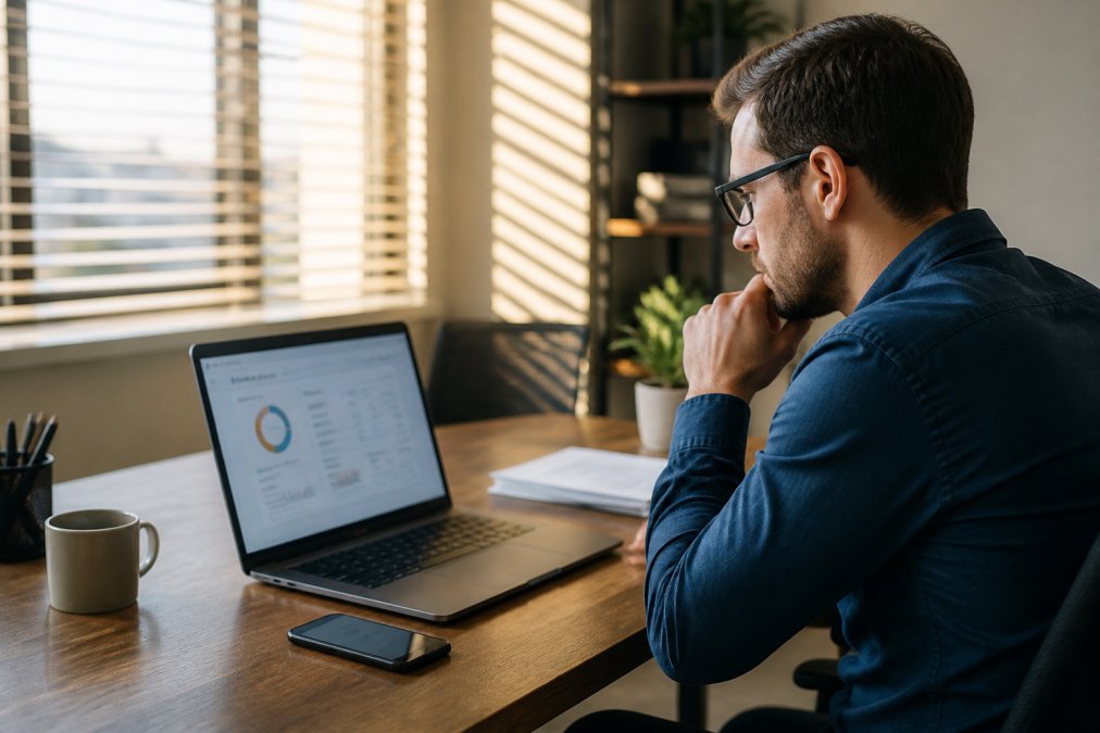 An e-commerce manager reviewing a sales dashboard on a laptop in a modern office, a smartphone beside the keyboard showing a customer chat notification, warm afternoon light through window blinds