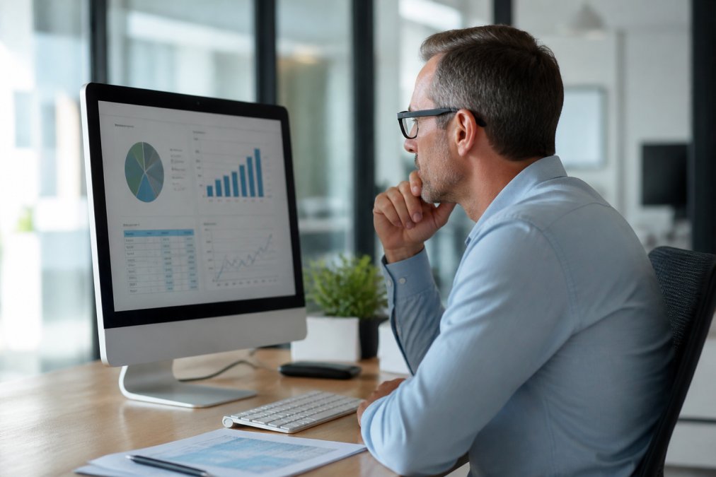 Business professional reviewing performance metrics on a desktop monitor in a modern office setting, with data visualizations visible on screen showing campaign analytics and ROI calculations