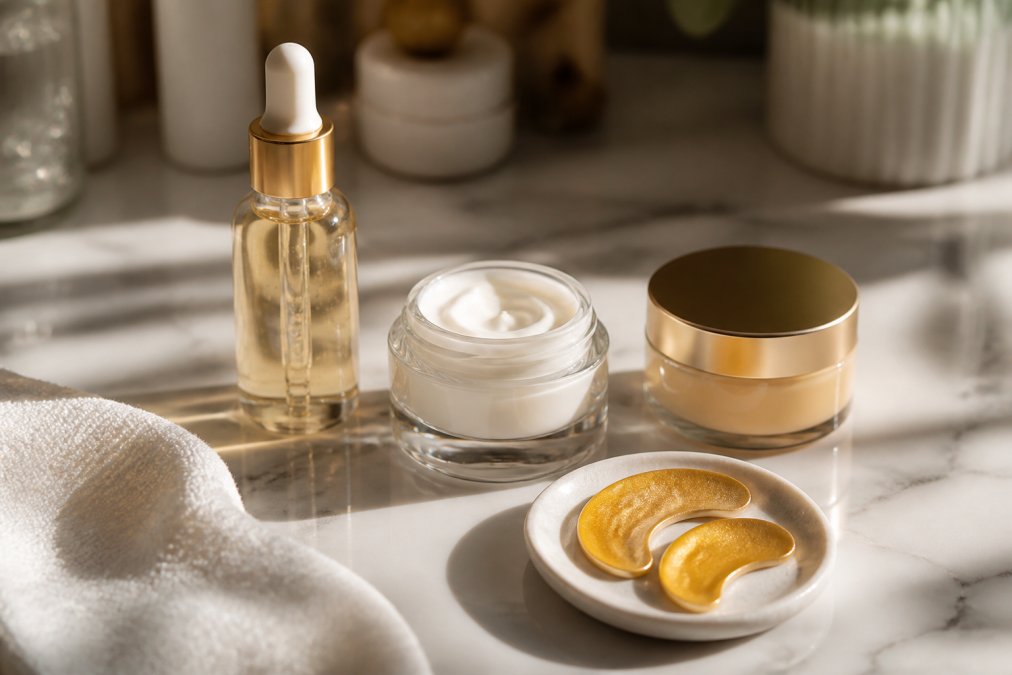 Anti-aging skincare products including serum, cream, and gold eye patches arranged on a marble vanity.