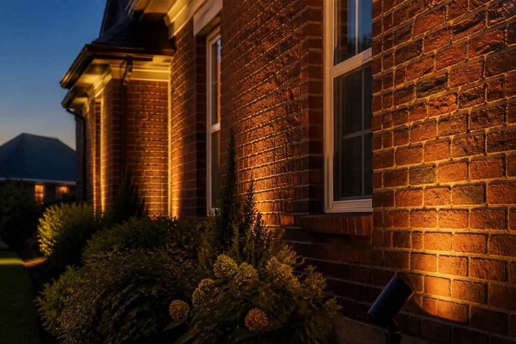 Warm LED accent lighting highlights brick texture, showcasing modern architectural lighting trends at dusk.