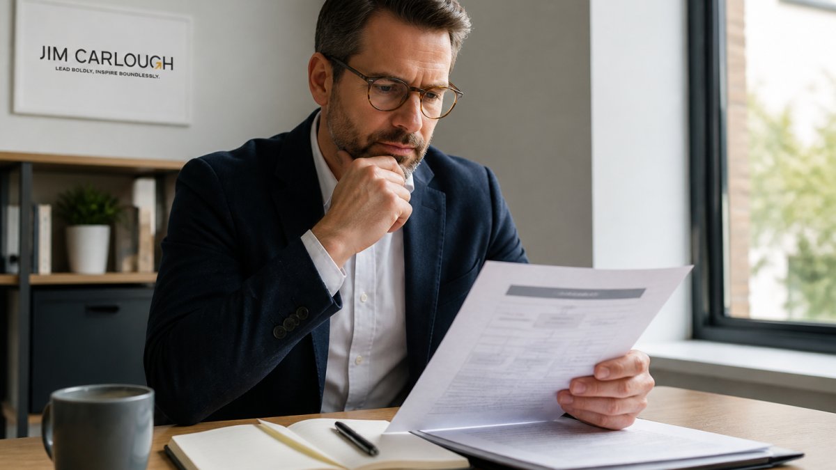 A mid-level executive in a modern office reviewing a leadership development plan document at a desk, notebook and coffee nearby, soft window light, reflective expression