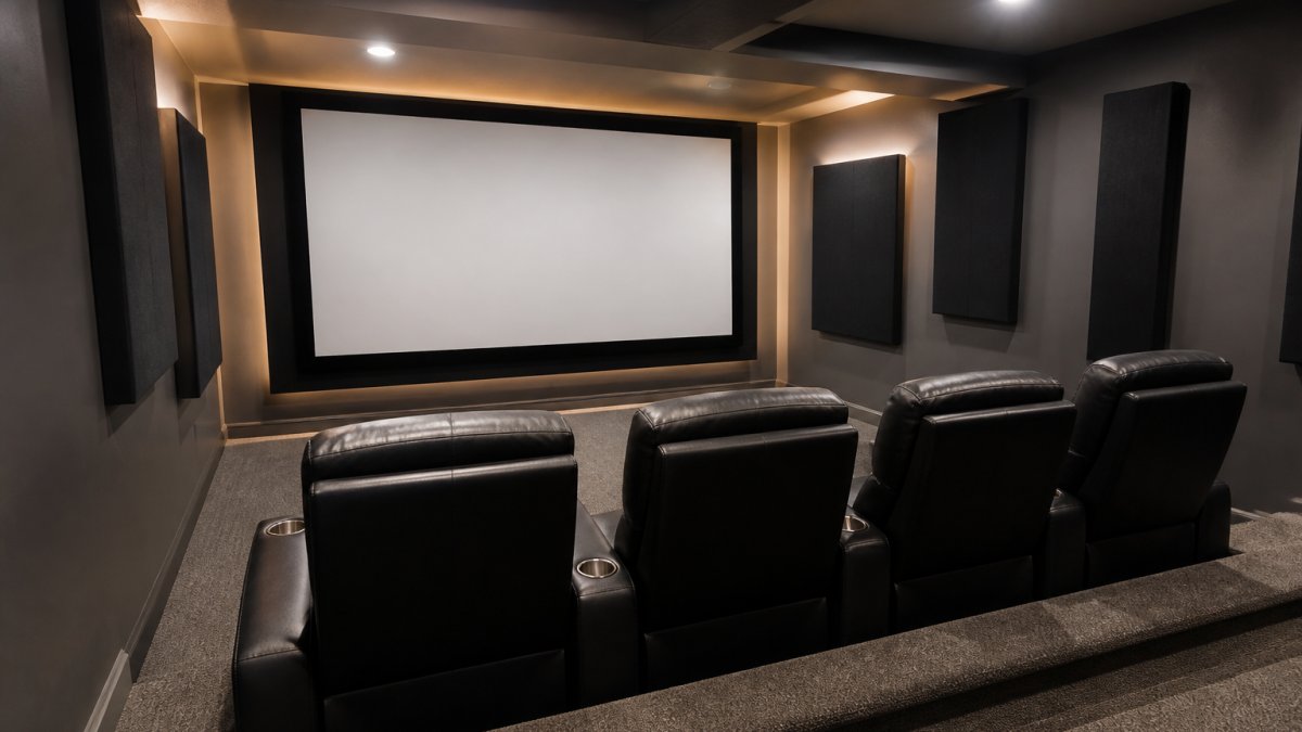 Four black power recliners facing a large projection screen in a cozy basement media room with ambient lighting