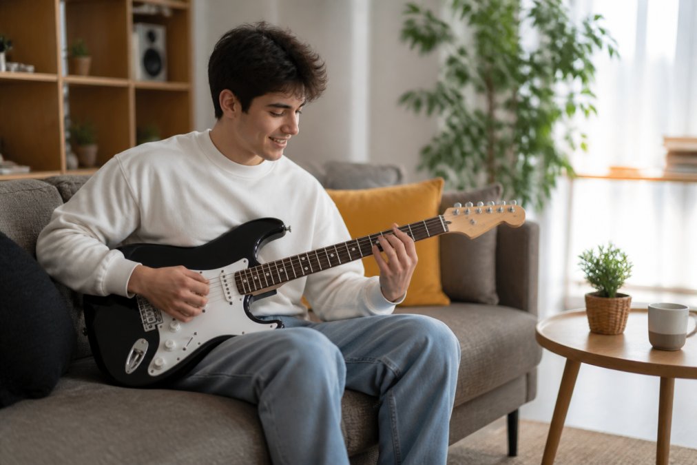 Young guitarist smiling while learning to play a Squier beginner electric guitar on a living room couch