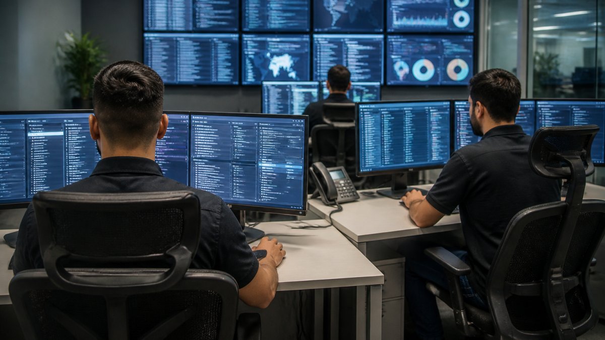 Security analysts at workstations using 24/7 security monitoring dashboards in a modern operations center.