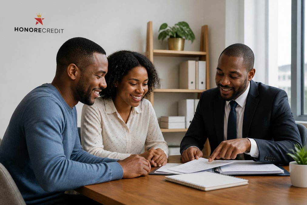 A happy couple reviewing mortgage documents with a loan officer at a desk in a bright office, pointing at a laptop screen showing numbers
