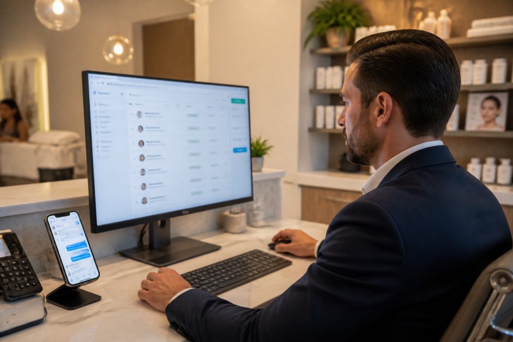 A sales manager at a med spa desk reviewing a lead activity dashboard on a large monitor, smartphone showing an SMS conversation nearby, warm office lighting