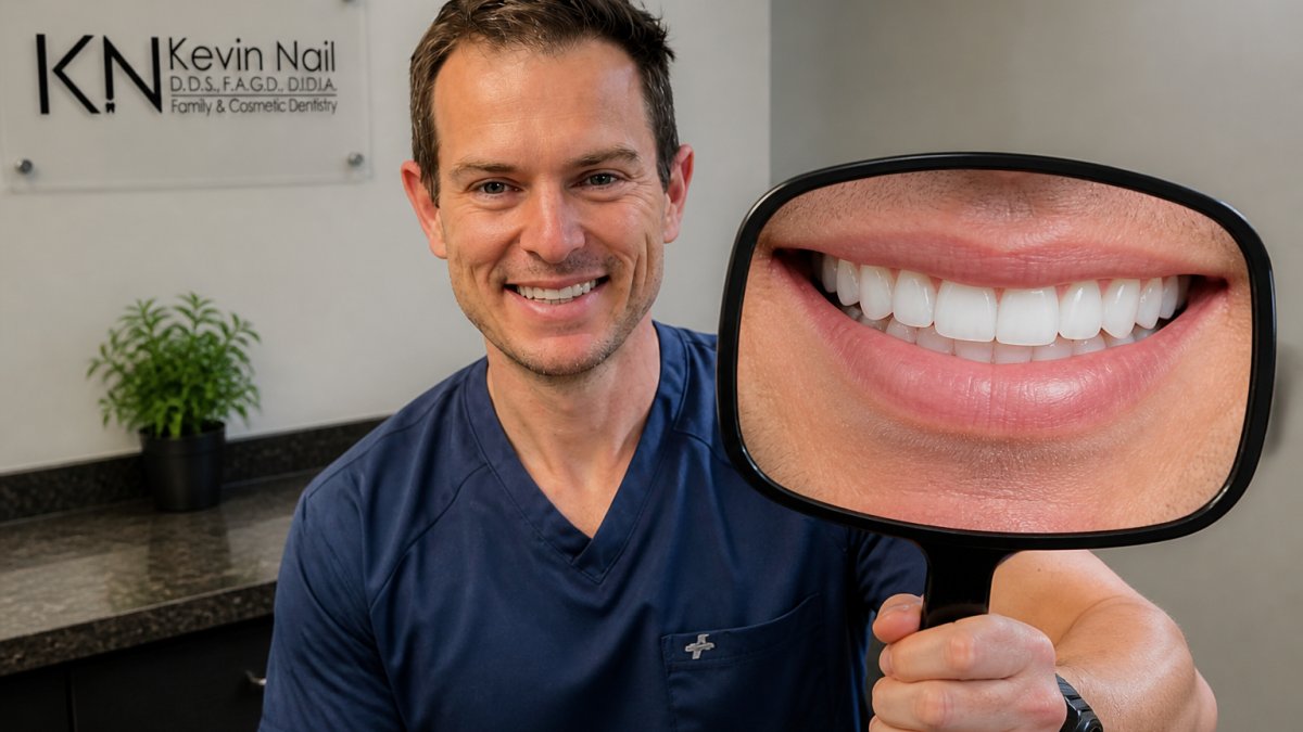 Close-up of patient's smile showing bright, evenly spaced white teeth with natural shine and healthy gum line, demonstrating the aesthetic result of cosmetic dental veneers