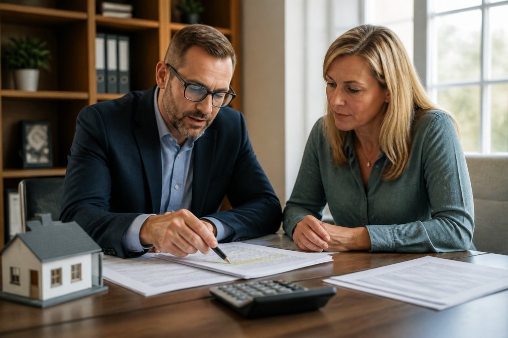 Professional financial advisor reviewing property equity assessment and foreclosure prevention documents with homeowner at desk, with house model and calculator visible, natural office lighting