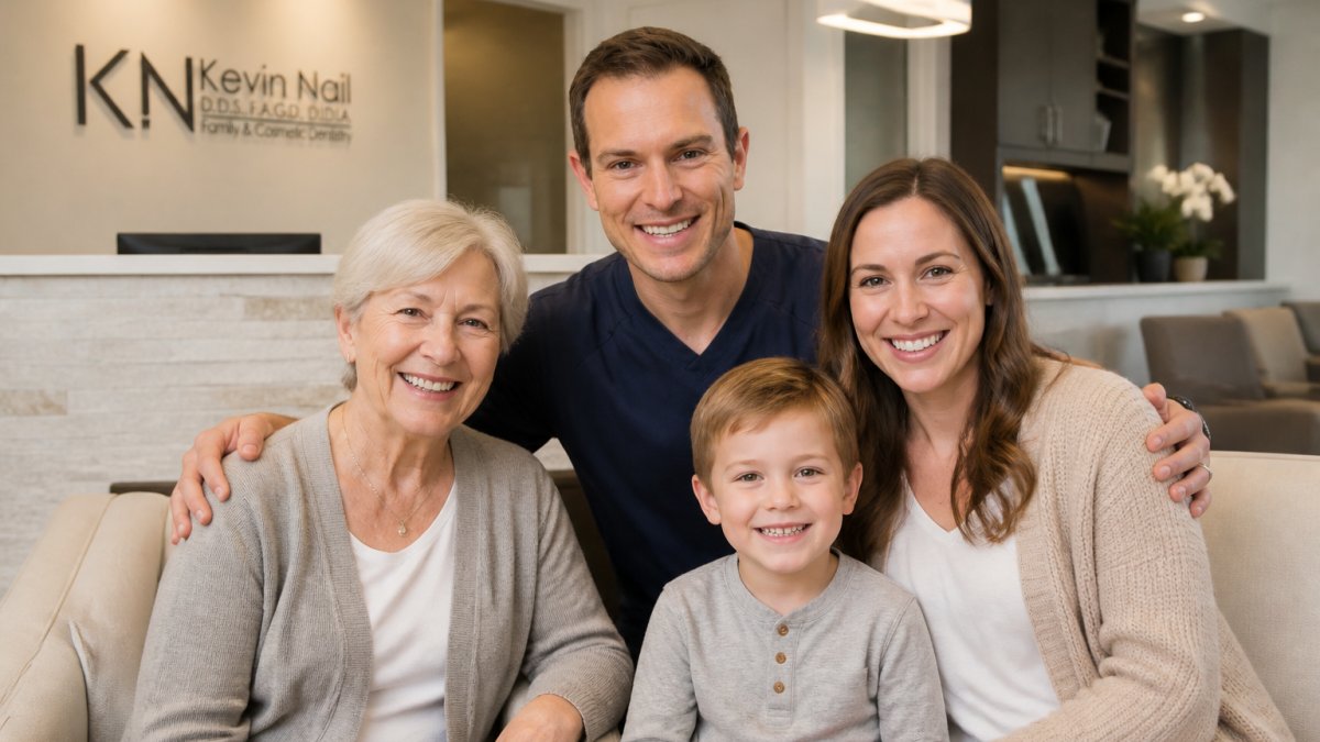 Multi-generational family (grandparent, parent, and young child) smiling together in a bright, welcoming dental office reception area with modern furnishings and comfortable seating