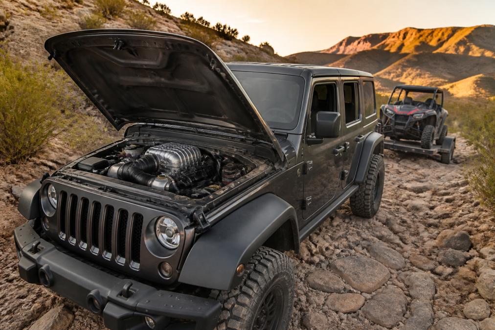 A Jeep Wrangler with the hood open on a rocky trail at golden hour, revealing a polished supercharger unit mounted on the Pentastar V6 engine