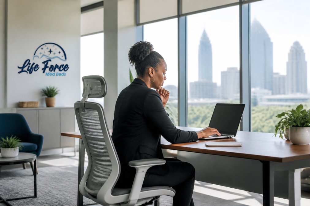 Human resources manager reviewing wellness program dashboard on laptop in bright modern Atlanta office with ergonomic furniture