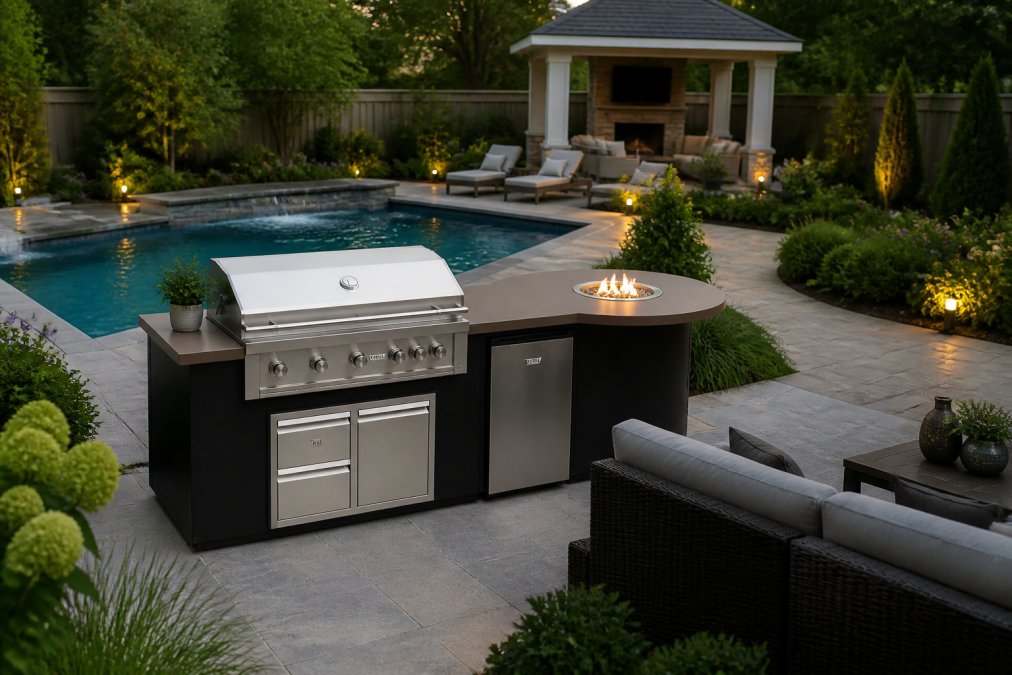 Aerial view of a beautifully landscaped backyard with a complete outdoor kitchen island, integrated fire pit, and entertaining area overlooking the property