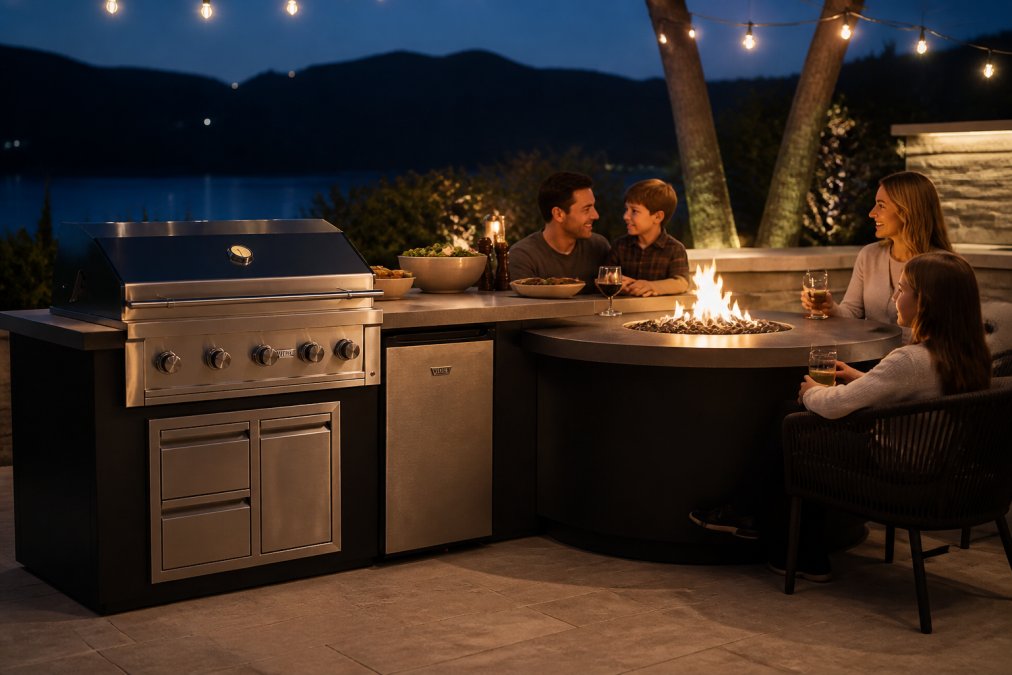 Evening scene of a family gathered around an integrated fire pit in a luxury outdoor kitchen setting, warm glow illuminating the space