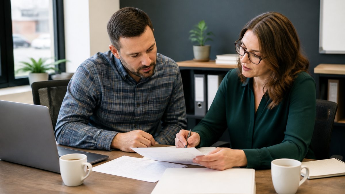 A small business owner reviewing financial documents with a bookkeeper at a desk in a bright Kitchener office, laptop and coffee cups visible