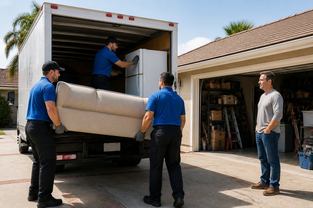 Junk removal crew loading a sofa and refrigerator into a truck for a bulky item pickup in a sunny driveway.