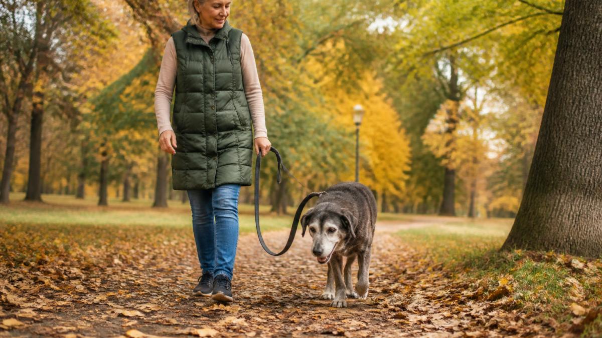 An older gray dog on a leash walking slowly through a park with an attentive owner beside them, autumn leaves on the ground, calm and peaceful setting