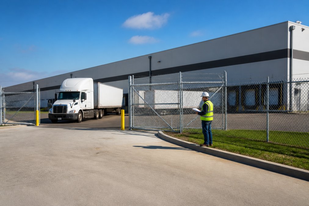 Worker checking a clipboard near a commercial fence installation at a warehouse loading dock with a semi-truck.