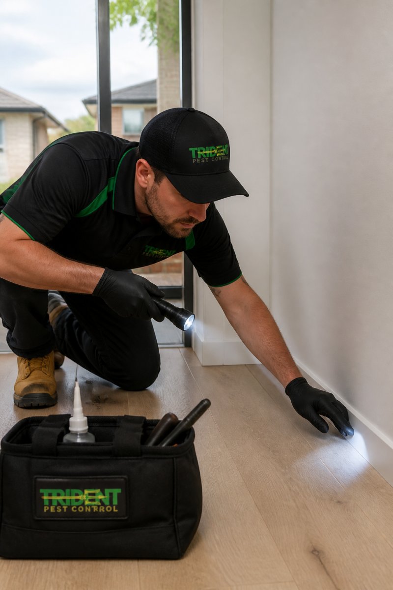 A professional pest control technician in uniform inspecting the skirting board of a modern Australian rental home in a Werribee suburb, checking for signs of cockroaches or ants with a torch