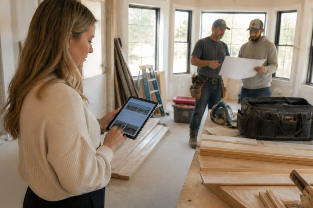 Homeowner reviewing construction project updates on a tablet while standing in a home renovation site with contractor visible in the background discussing plans, natural daylight streaming through windows