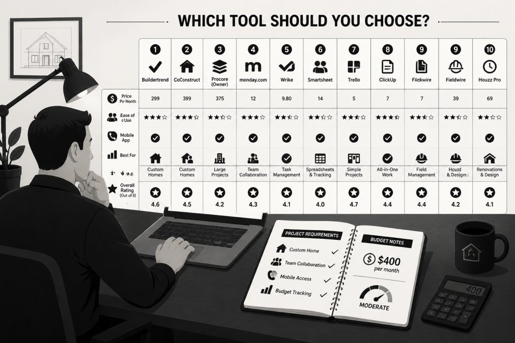 Person at a laptop comparing different project management software options side-by-side, with a notepad showing project requirements and budget notes nearby, warm office lighting