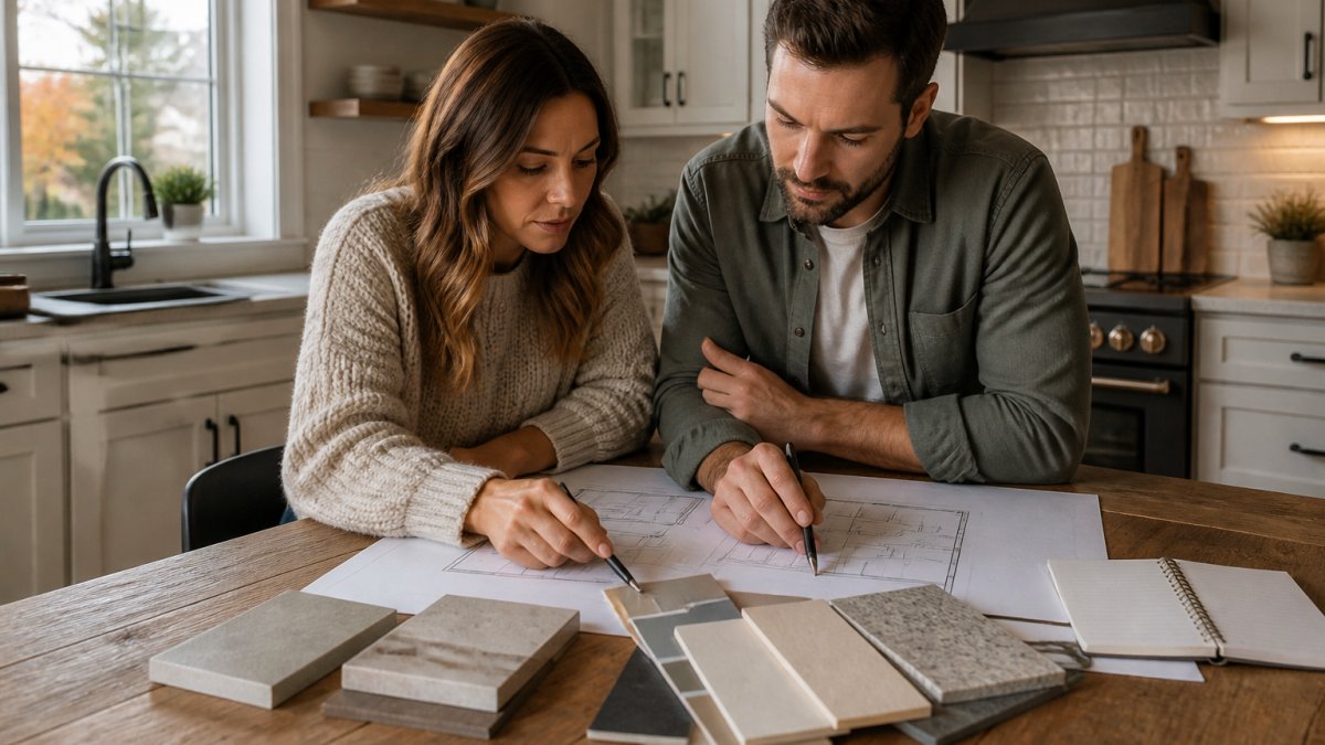 A couple reviewing architectural blueprints and material samples at a kitchen table, with natural light and a notebook nearby