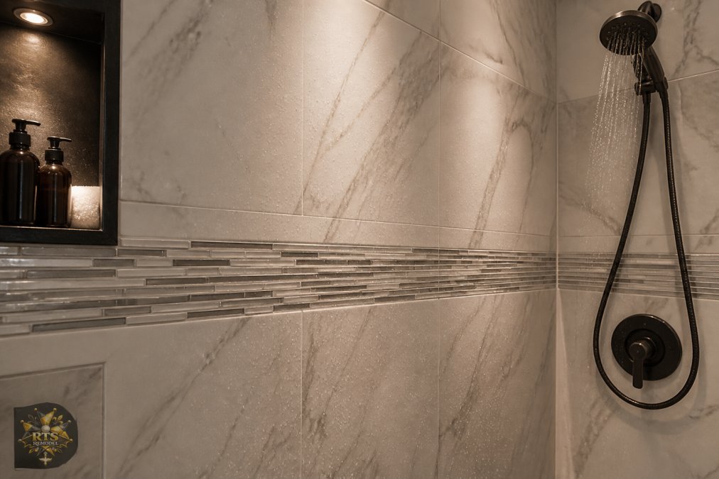 Large-format marble-look porcelain wall featuring modern shower tile patterns with a thin horizontal mosaic accent