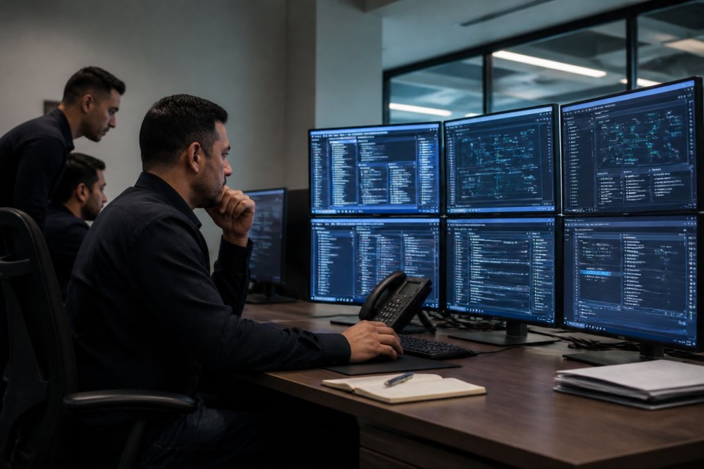Hotel IT security professional monitoring multiple screens displaying network traffic, security alerts, and threat intelligence dashboards in a modern hotel command center with dim lighting and focused attention