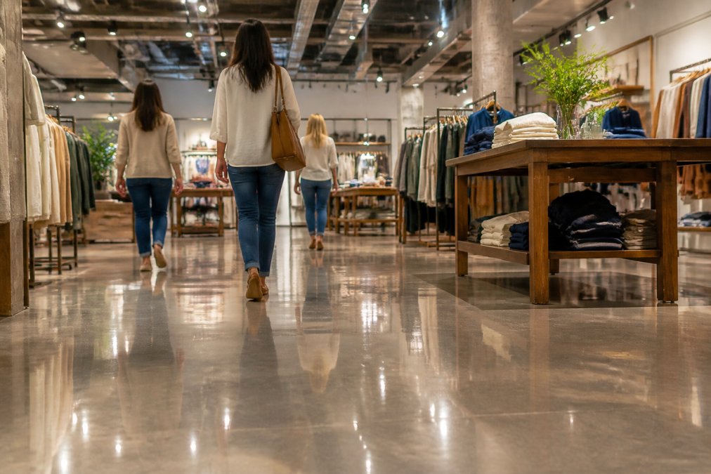 Professional retail showroom with glossy epoxy floor reflecting warm store lighting and product displays, customers walking across the seamless surface with clear visibility of merchandise