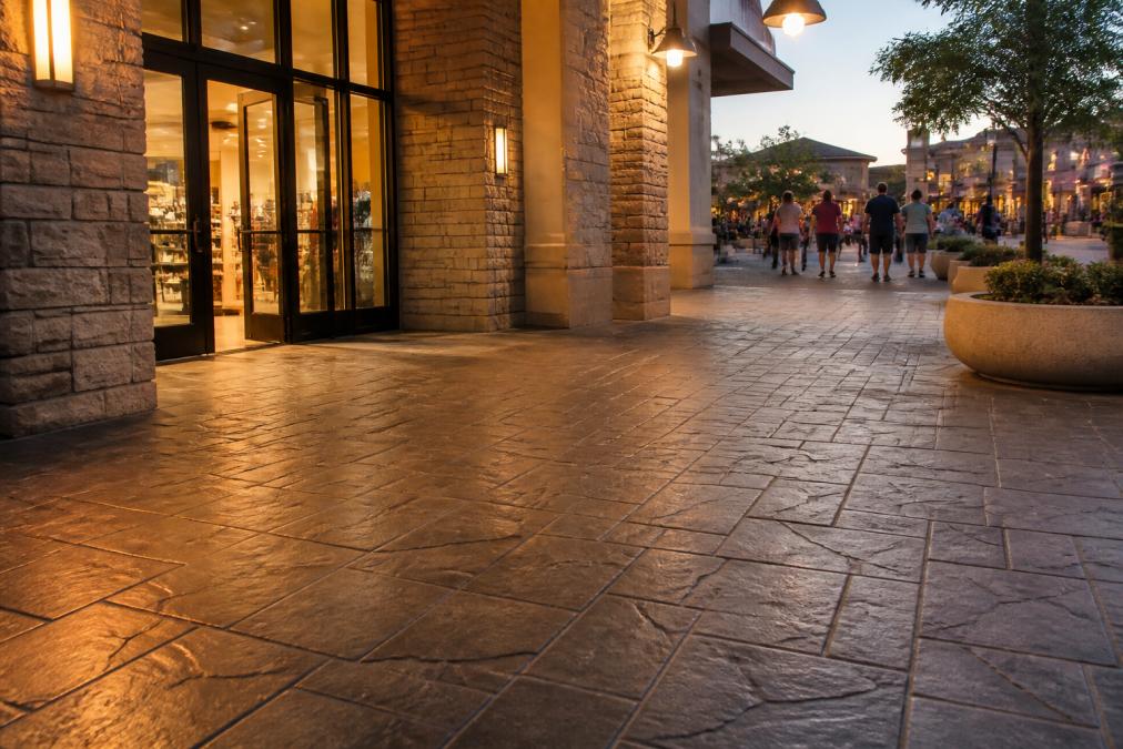 Retail store entrance featuring stamped concrete that mimics stone and brick patterns with warm lighting highlighting the textured surface and customer foot traffic visible in background