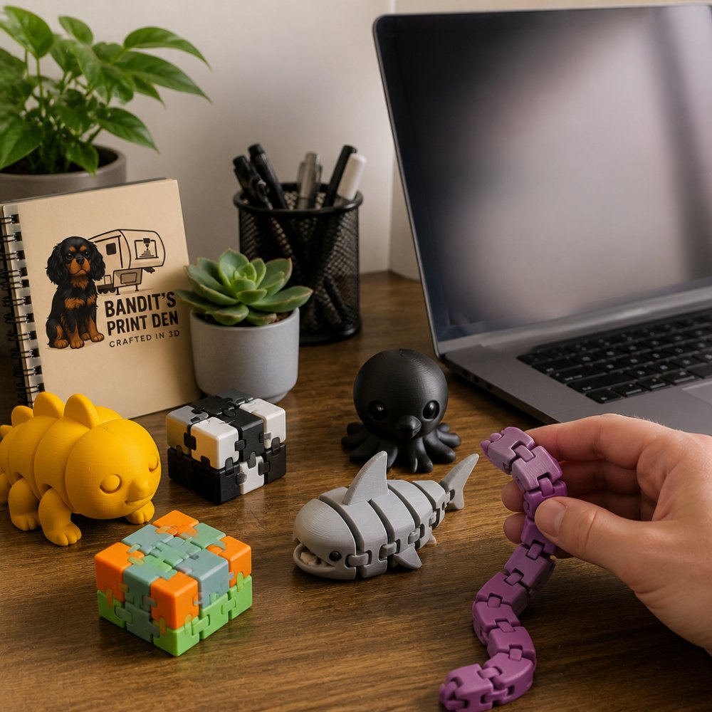 Close-up of a workspace desk with multiple colorful 3D-printed desk buddies and fidget toys arranged, showing someone's hand interacting with one while working on a laptop