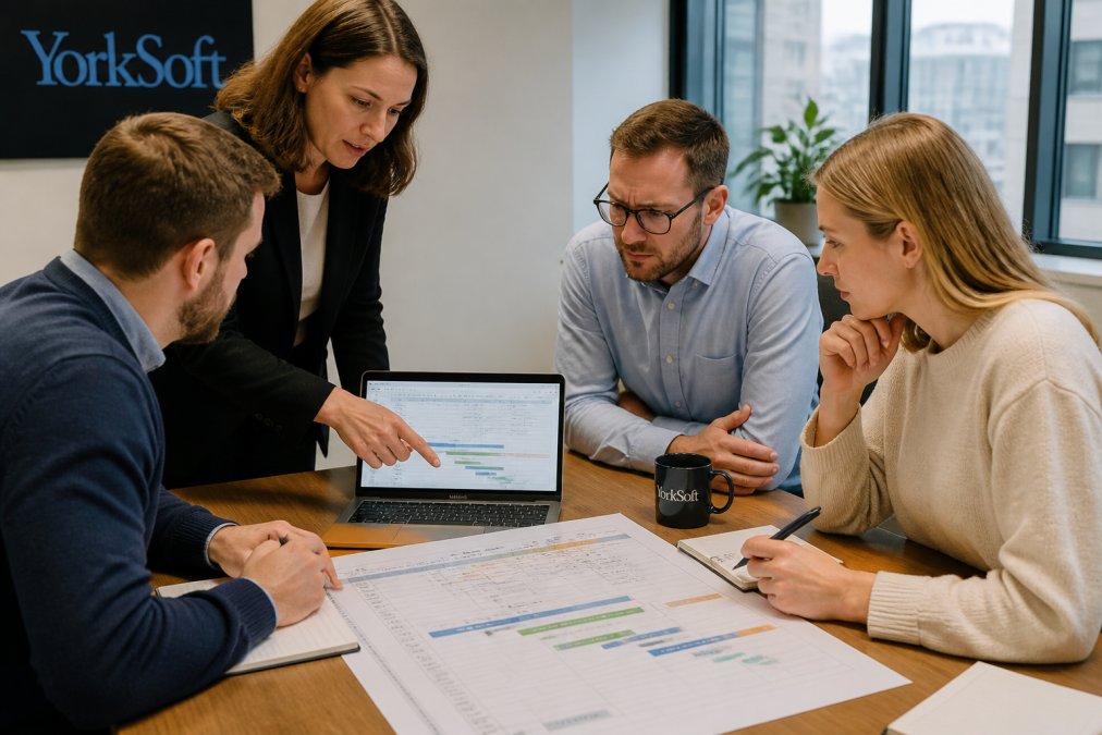 A small team of business professionals gathered around a table in a bright office, reviewing a printed roadmap document and pointing at a laptop screen showing project timelines