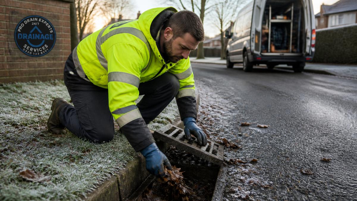 A drainage engineer in high-visibility workwear kneeling beside an outdoor drain gulley on a frosty winter morning, clearing leaves with a gloved hand while a van sits in the background