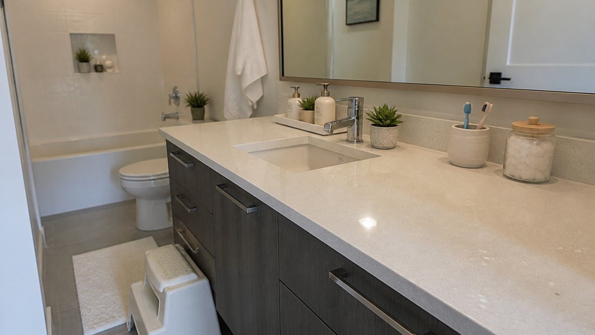 A bright family bathroom with a polished quartz vanity countertop, neatly arranged toiletries, and a child's step stool beside the sink