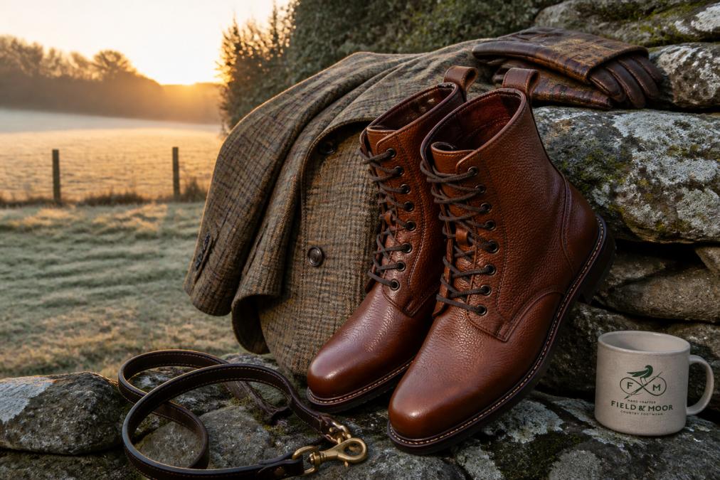 A pair of chestnut grained leather country boots resting against a stone wall with a tweed jacket draped nearby, soft morning light on a country estate