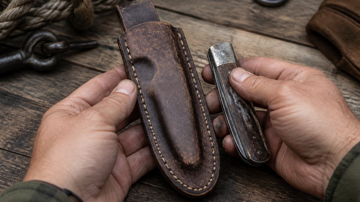 Close-up of hands holding a well-worn leather knife sheath and folding knife showing deep patina and character marks from years of daily use