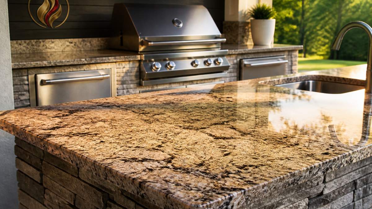 Close-up of granite countertop with natural veining on an outdoor kitchen island, grill in background, natural stone surface catching warm afternoon sunlight