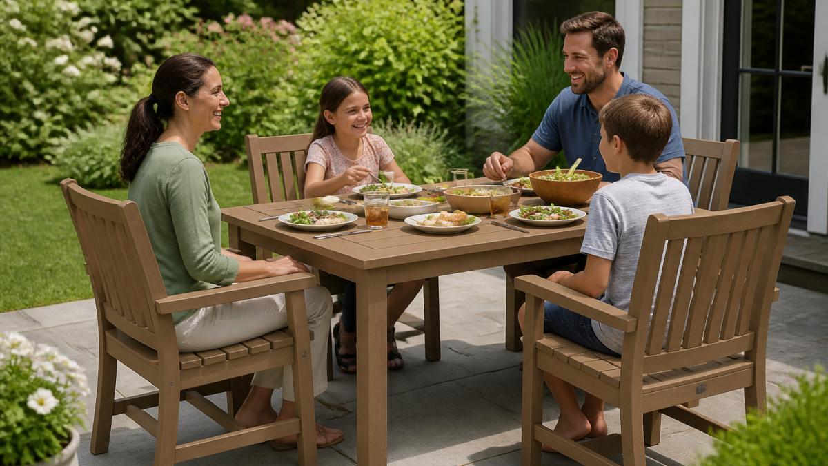 A family enjoying a meal around a teak-colored HDPE outdoor dining table on a sunny patio, with matching chairs and a lush garden in the background