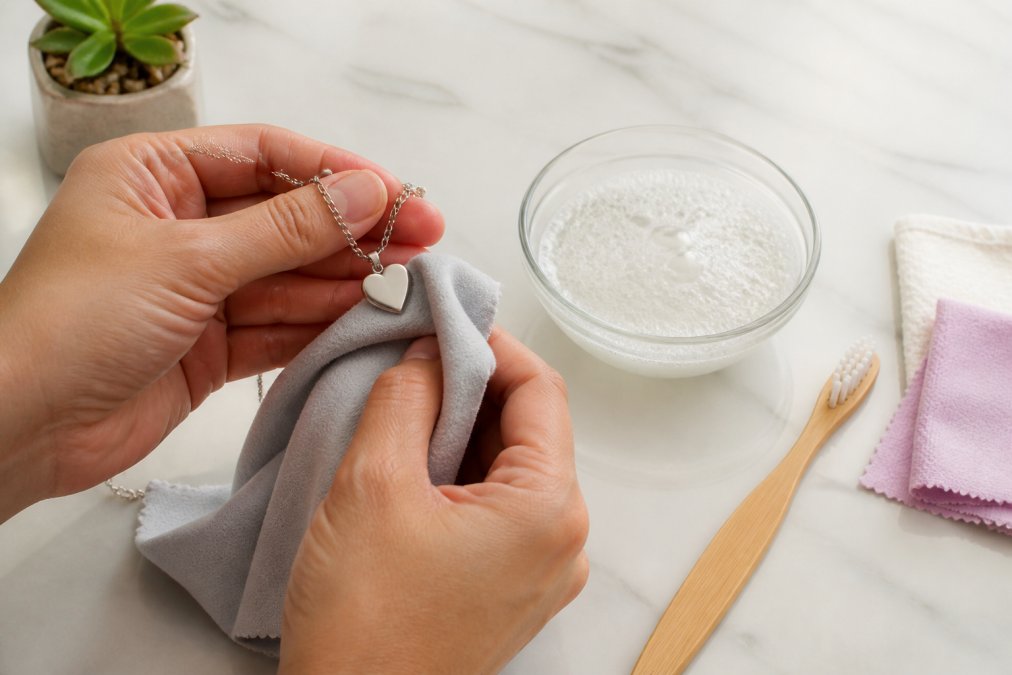 Hands gently polishing a stainless steel necklace with a soft microfiber cloth over a white surface, with mild soapy water in a small bowl nearby, photographed in bright natural lighting