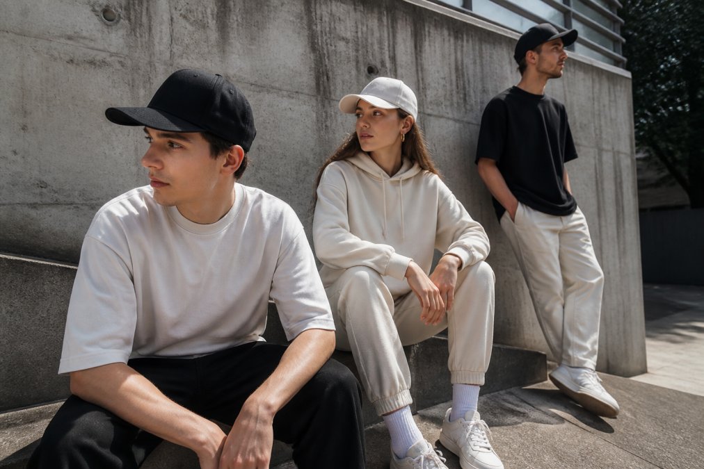 Jonge volwassenen dragen stijlvolle Henk The Tank streetwear in een stedelijke omgeving, met focus op texturen van biologisch katoen en gerecyclede materialen