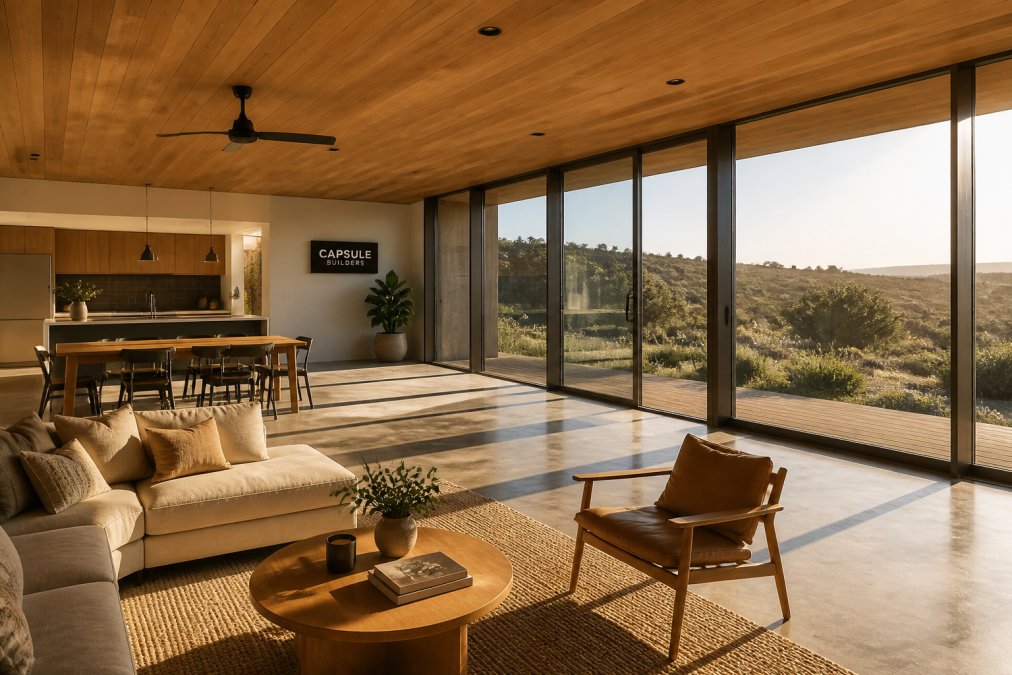 Low winter sun warming a polished concrete floor in an efficient building living area with large windows.