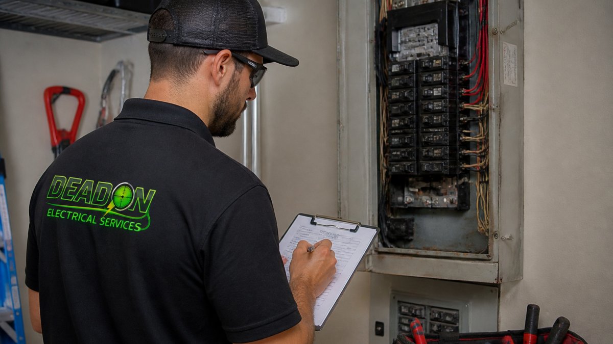 Licensed electrician inspecting an aging residential panel for electrical upgrades in a home garage