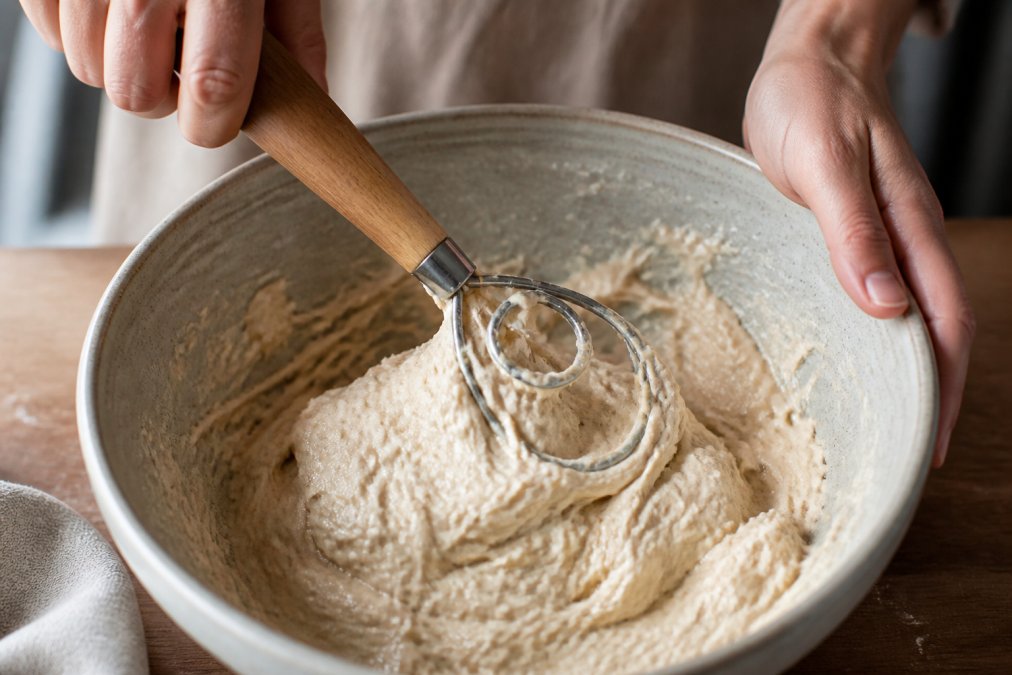 Close-up of hands using a Danish dough whisk to mix thick sourdough dough in a ceramic bowl, showing the ergonomic wood handle and stainless steel coil in action, natural kitchen lighting